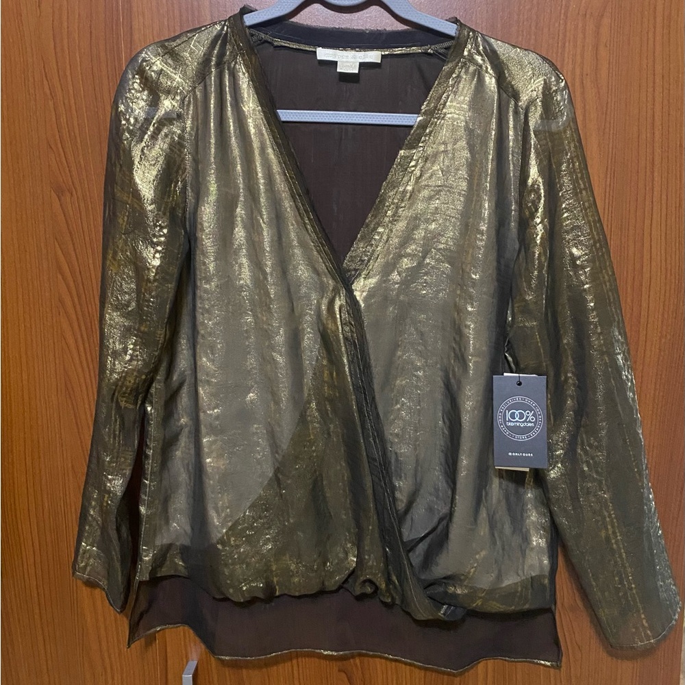 Cooper & Ella - Alyssa Wrap Blouse Gold/ Black Metallic Sheer Faux wrap Size S